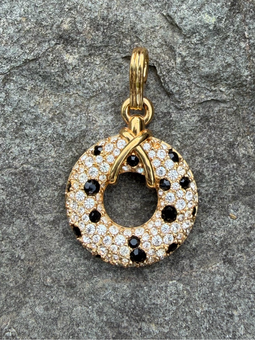Vintage Swarovski Crystal Black White Gold Circle Necklace Pendant